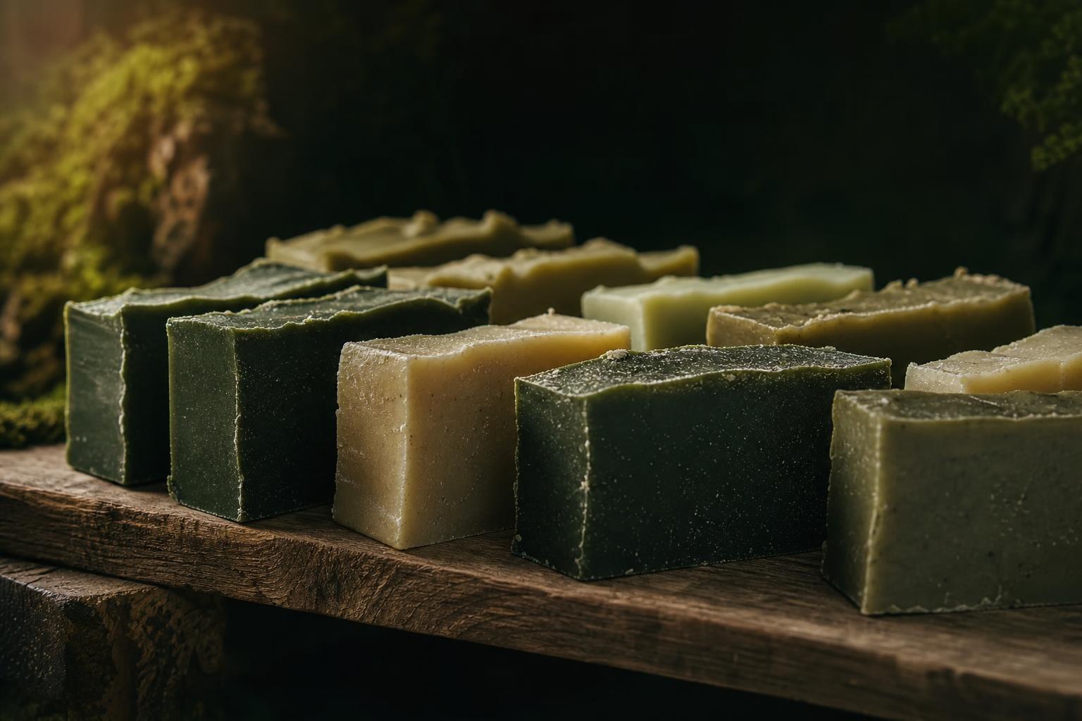 Handgesiedete Naturseifen reifen auf Holzregalen in der MOOSMED-Manufaktur